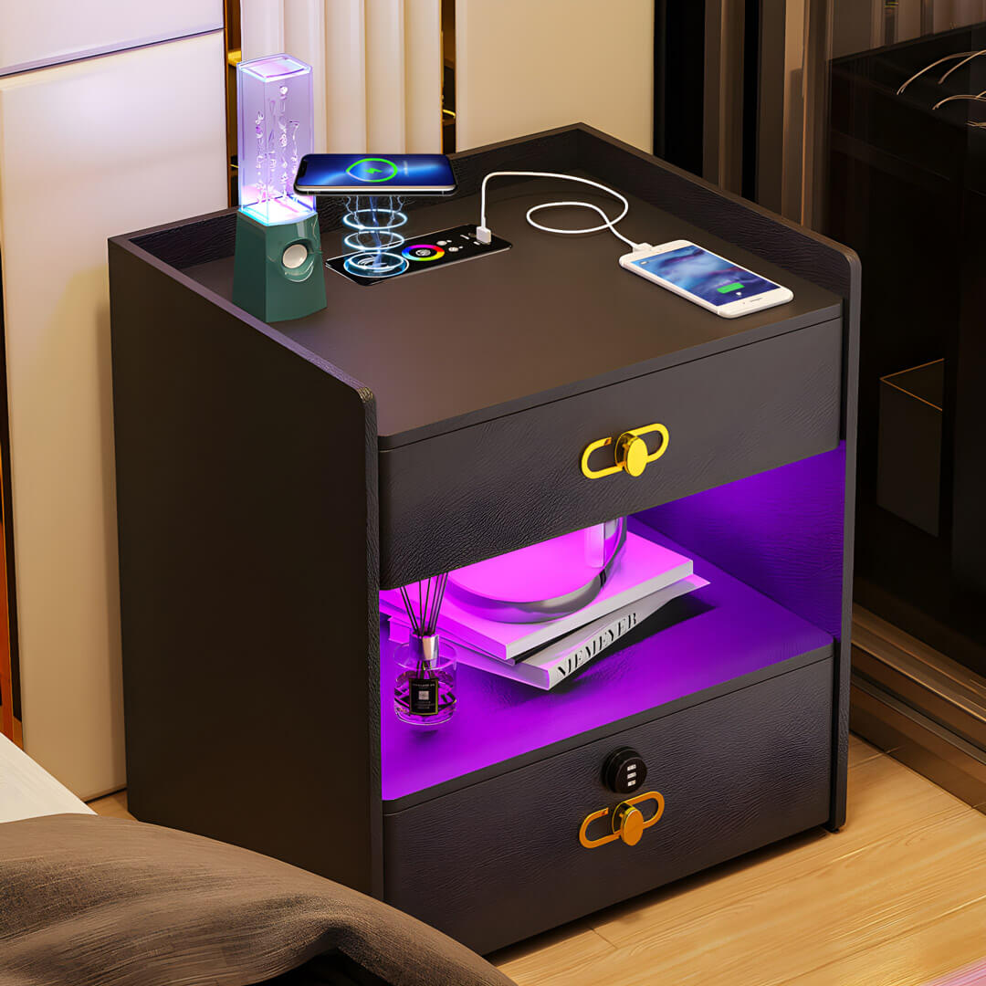 Smart Black LED Nightstand with Charging Station