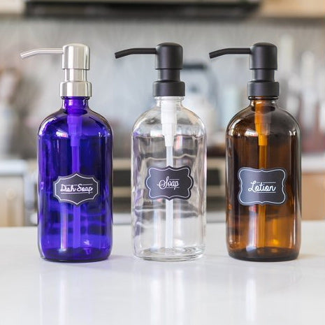 Modern Amber Glass Soap Hand Dispenser with Pump - 2 Pack