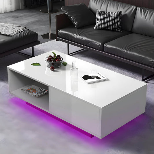 White Coffee Table with Storage and LED Lightning