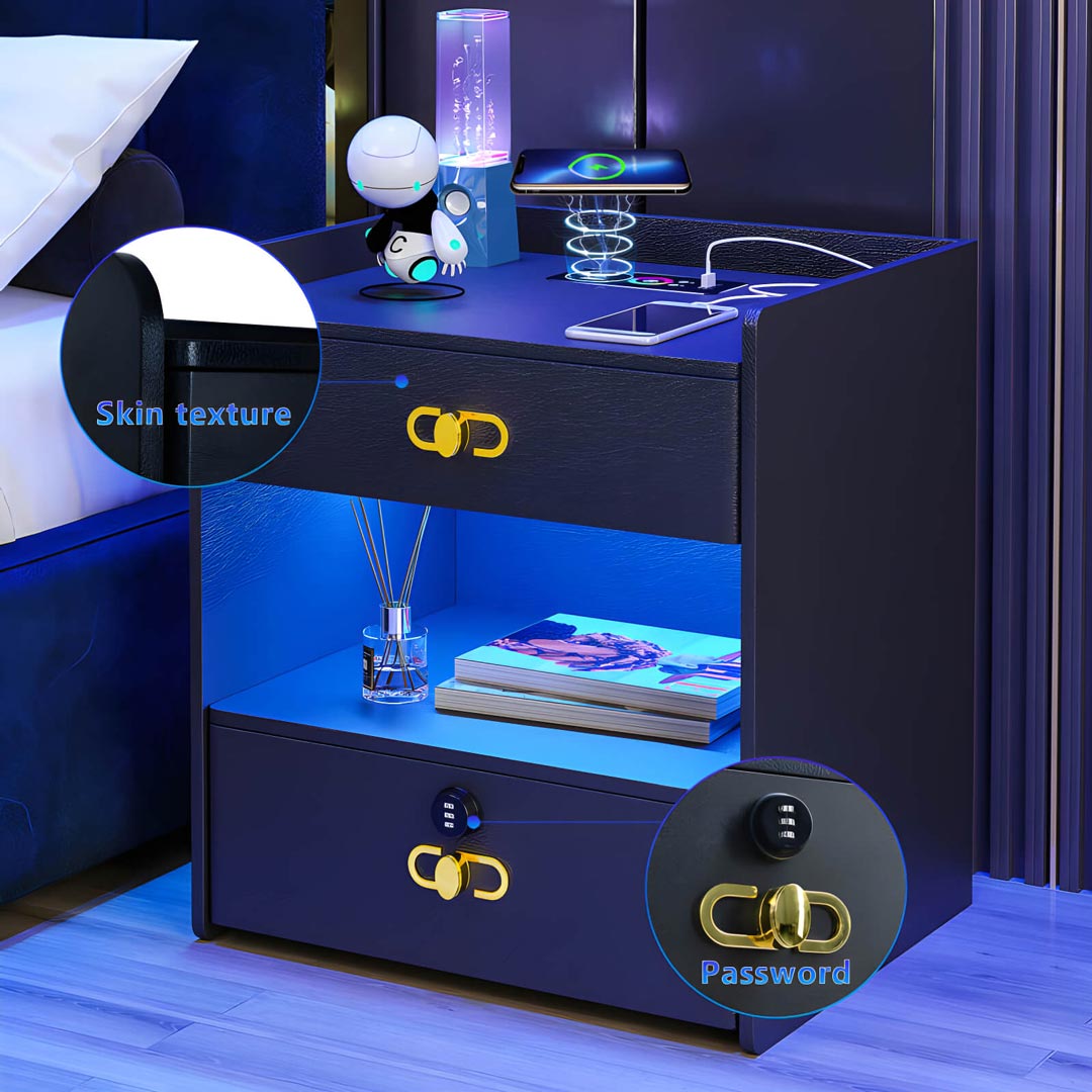 Smart Black LED Nightstand with Charging Station